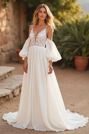 Sweep Train Chiffon A Line V-Neck Ivory Wedding Dress with Lace